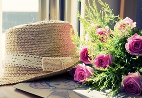 лето, тепло, шляпа, цветы