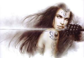 меч, девушка, взгляд, глаза, перчатки, рука, тату, татуировки, символы, воин, воительница, броня