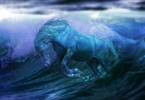 horse, Water, fantasy, волны, океан, ocean, фантастика, лошадь, вода