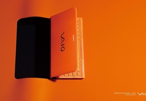 оранжевый ноутбук, sony, Оранжевый фон