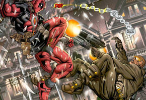 comics, выстрелы, heroes, оружие, gun, ninja, marvel, Deadpool, кровь