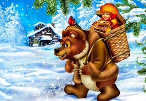 блины, медведь, масло, девочка, Масленица, сказка, снег