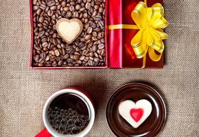 коробка, подарок, Кофе, чашка, пирожное, сердце, зерна
