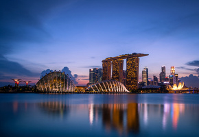 clouds, lights, skyscrapers, Singapore, blue sky, sunset, evening, gardens by the bay, architecture