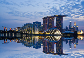 reflection, skyscrapers, Singapore, clouds, gardens by the bay, evening, architecture, sky, lights