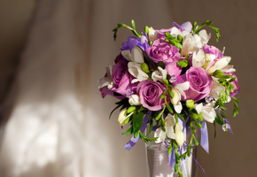 vase, розы, roses, Violet flowers, фиолетовые цветы, bouquet, букет