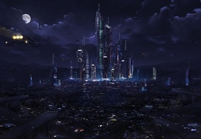 ken lebras, spaceships, Plaza, future, city, lights, moon, sky, night, fantasy, clouds, astrokevin