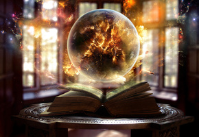 Книга, окна, сфера, свет, искры, огонь, магия, шар