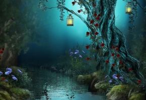 roses, night, лес, forest, Fantasy, red roses, nature, river, lamps, flowers, цветы