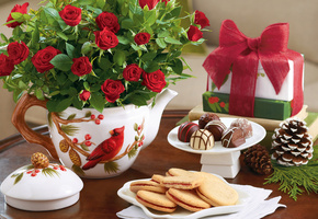 Праздники, цветы, букет, печенье, шоколад, конфеты