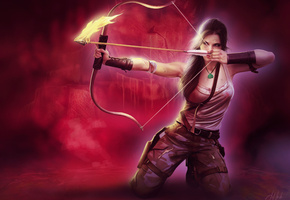 огонь, tomb raider, арт, лук, стрела, девушка, Lara croft, оружие