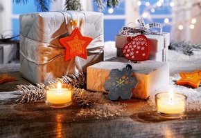 Новый год, candles, winter, snow, ribbon, heart, gifts, snowflake, рождество