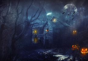 деревья, Halloween, лес, хэллоуин, тыквы, дом
