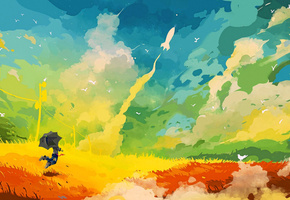 прыжок, птица, зонт, небо, облака, Рисунок, ракета