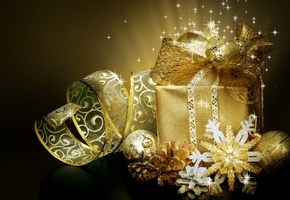 бант, Подарок, коробка, золотая, шарики, лента, шишки