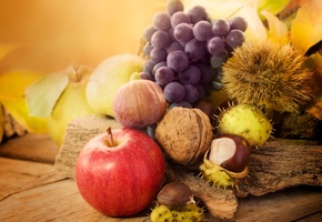 фрукты, осень, Яблоко, каштаны, листья, виноград, орехи