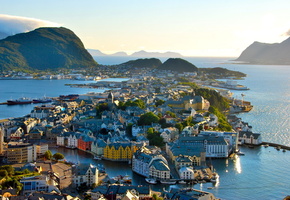 горы, пейзаж, норвегия, Norway, дома, архитектура, город