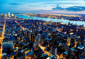 New york, вечер, небоскребы, река, огни, город