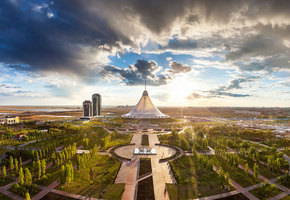 Казахстан, астана, парк, дома, небоскрёб, хан шатыр