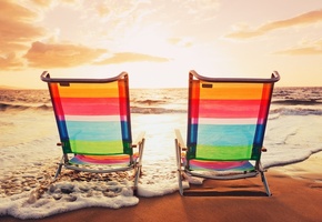 Закат, море, стулья, цвета, небо, пляж