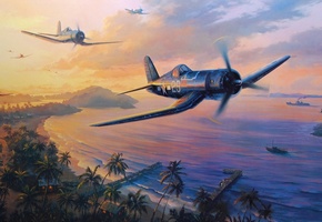painting, art, war, aviation, pacific war, drawing, F4u corsair, airplane, ww2, aircraft, dogfight
