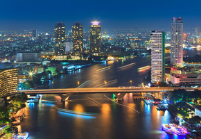 ночь, таиланд, река, Город, огни, bangkok, мост, бангкок