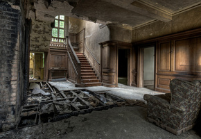 destroyed floors, armchair, Ruin, stairs, house abandoned, walls unpainted, wall bricks, wood