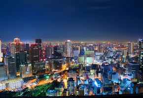 огни, ночь, осака, мегаполис, Япония