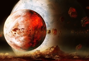 sci fi, large, Planet, rocks, red