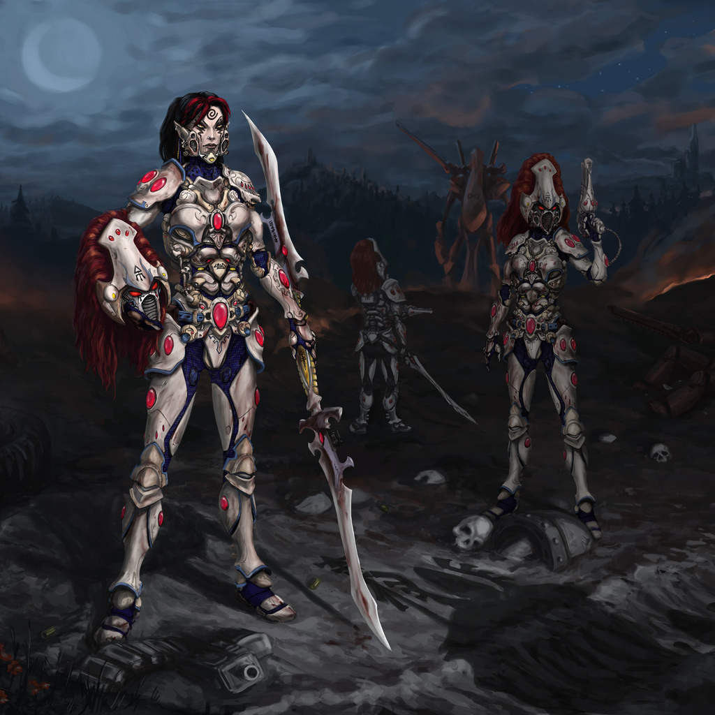 Warhammer, howling banshee, cap, moon, red hair, blade, night, , , , ,  , , , , , ,  , 