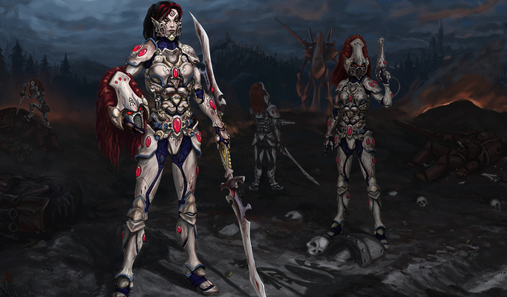 Warhammer, howling banshee, cap, moon, red hair, blade, night, , , , ,  , , , , , ,  , 