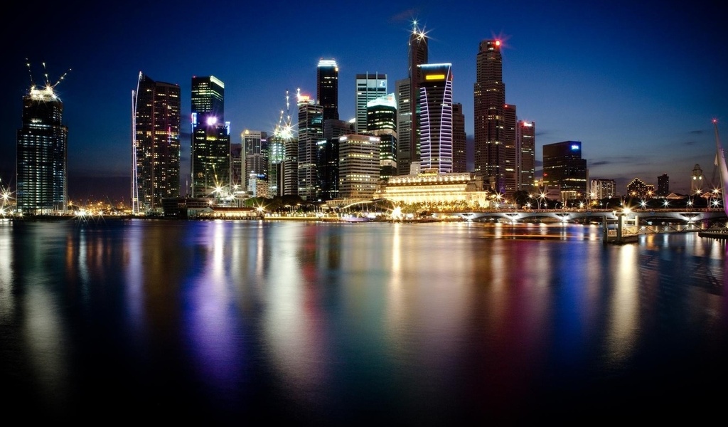 мегаполис, огни, ночной, Сингапур, город, небоскребы, здания, отражение, лунопарк, река, нью-йорк, вода, город, ночь, закат, вечер, огни, вода, причал, набережная, ночное небо, огни городов