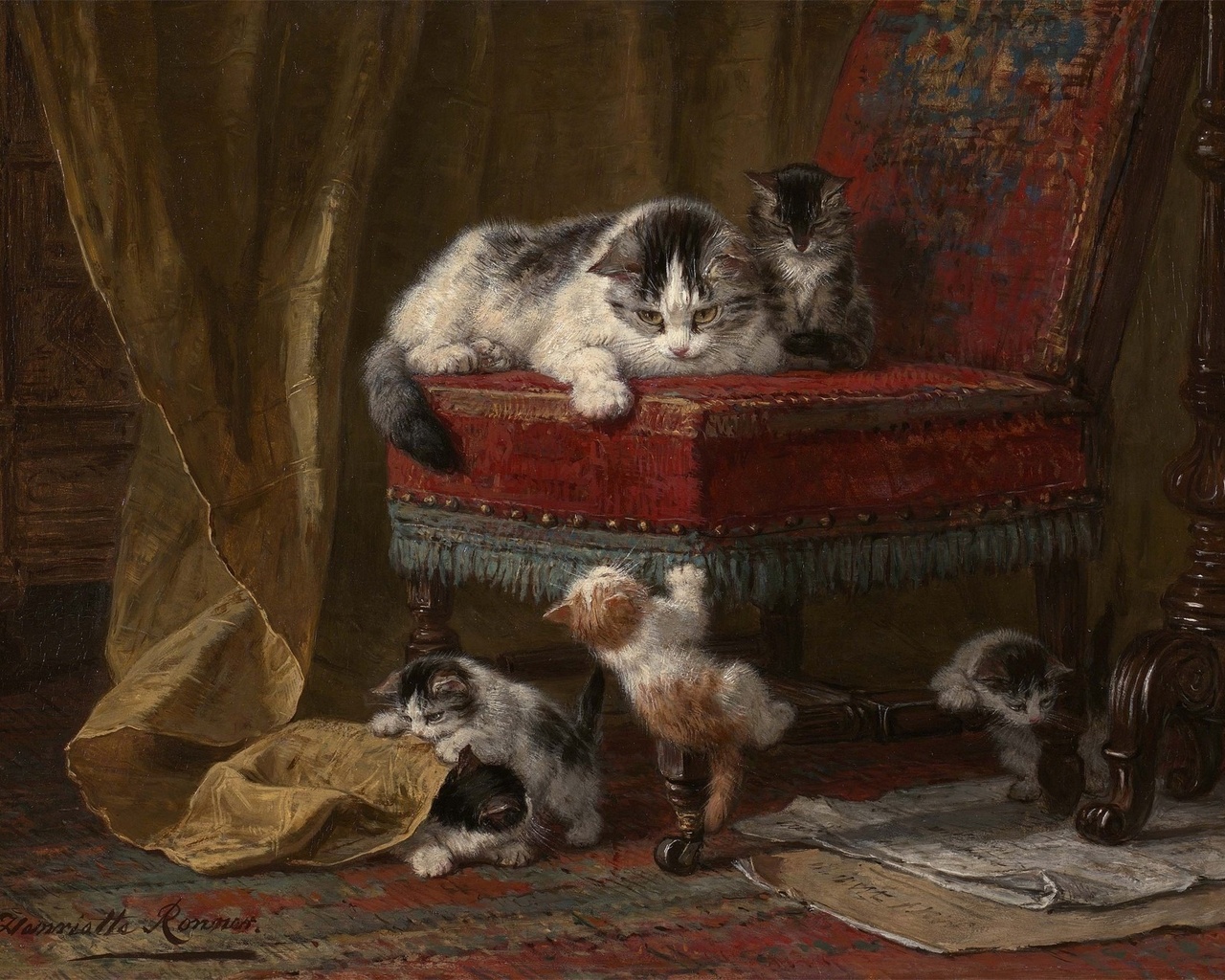 Painting, art, cat, five, kitten, chair, , , , , , , , , 