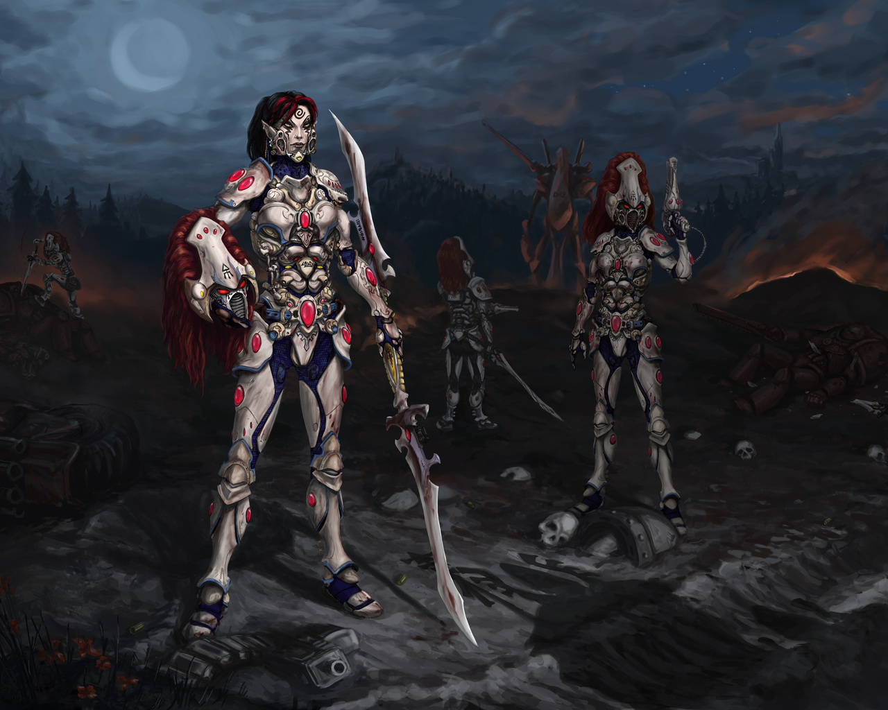 Warhammer, howling banshee, cap, moon, red hair, blade, night, , , , ,  , , , , , ,  , 