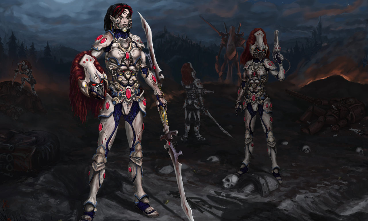 Warhammer, howling banshee, cap, moon, red hair, blade, night, , , , ,  , , , , , ,  , 