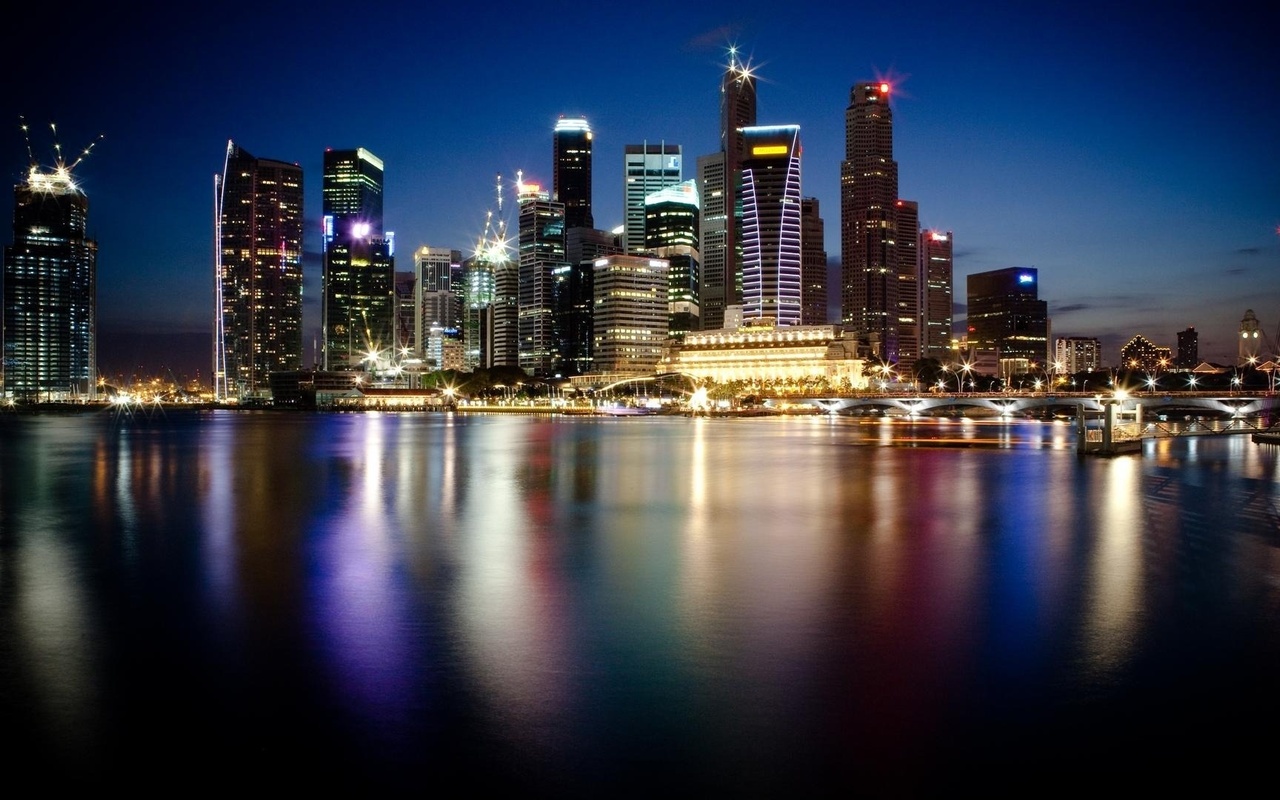 мегаполис, огни, ночной, Сингапур, город, небоскребы, здания, отражение, лунопарк, река, нью-йорк, вода, город, ночь, закат, вечер, огни, вода, причал, набережная, ночное небо, огни городов