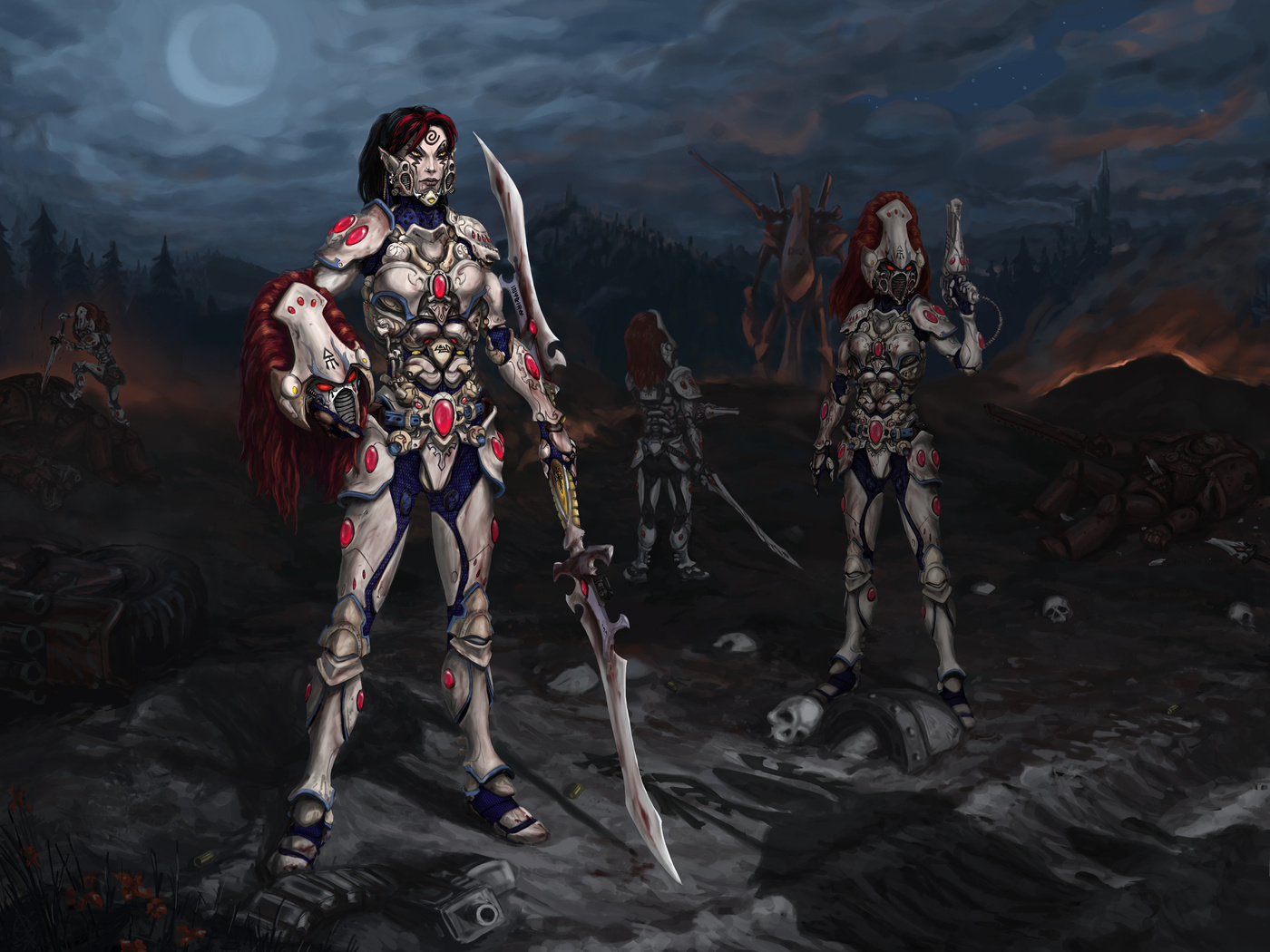 Warhammer, howling banshee, cap, moon, red hair, blade, night, , , , ,  , , , , , ,  , 