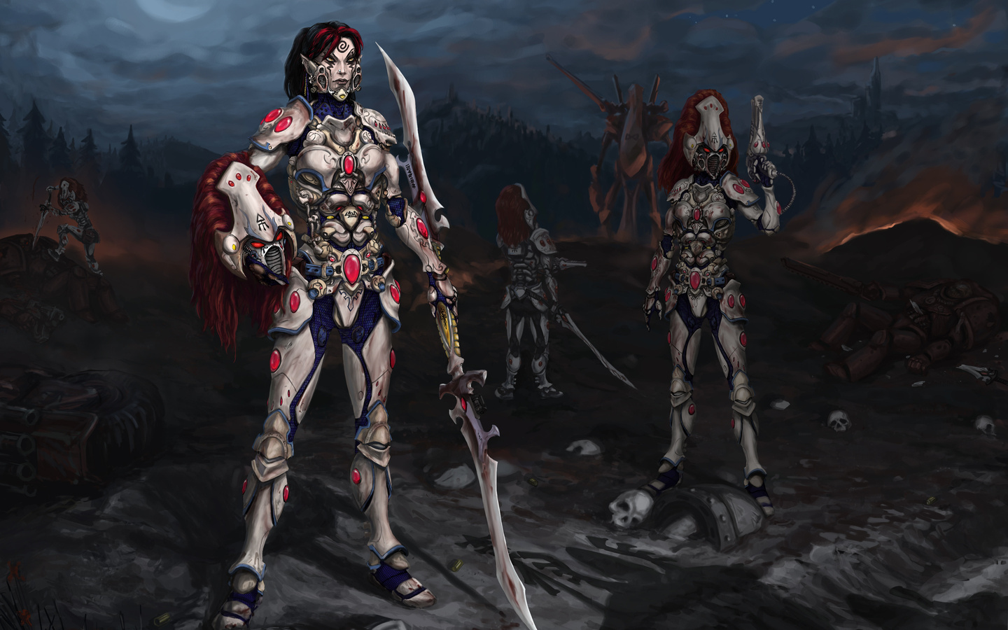 Warhammer, howling banshee, cap, moon, red hair, blade, night, , , , ,  , , , , , ,  , 