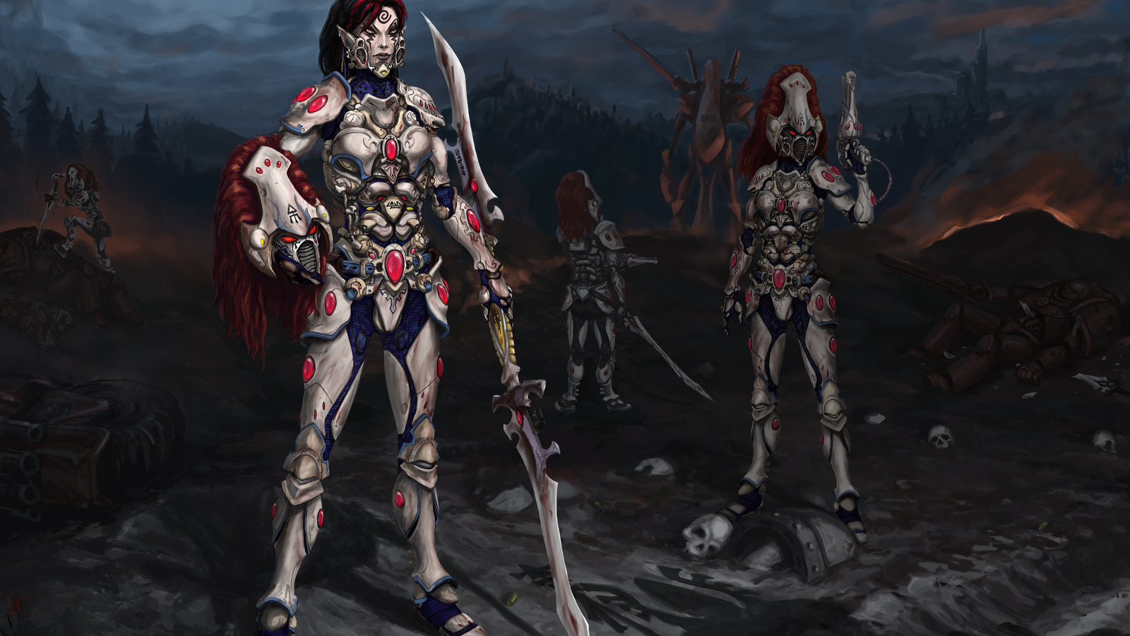 Warhammer, howling banshee, cap, moon, red hair, blade, night, , , , ,  , , , , , ,  , 