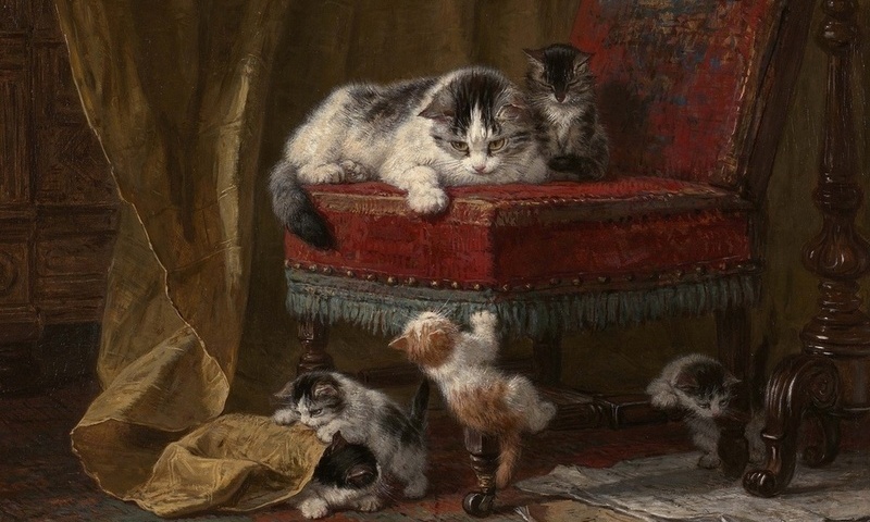 Painting, art, cat, five, kitten, chair, , , , , , , , , 
