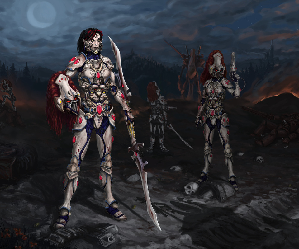 Warhammer, howling banshee, cap, moon, red hair, blade, night, , , , ,  , , , , , ,  , 