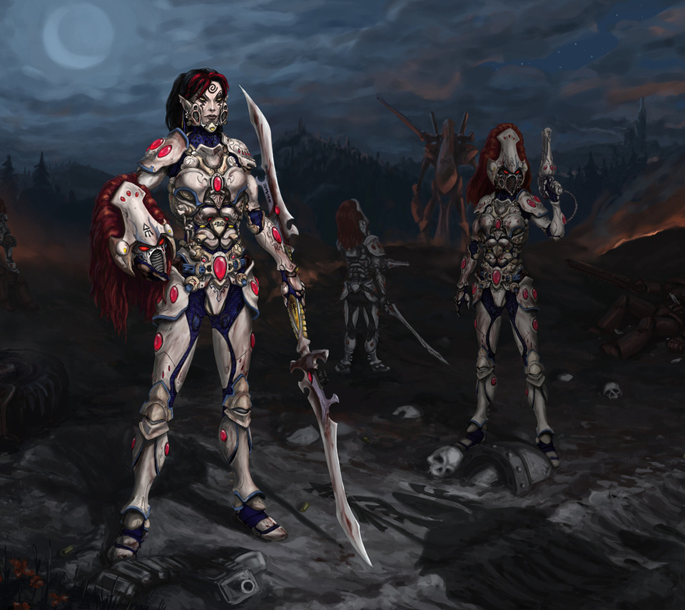 Warhammer, howling banshee, cap, moon, red hair, blade, night, , , , ,  , , , , , ,  , 