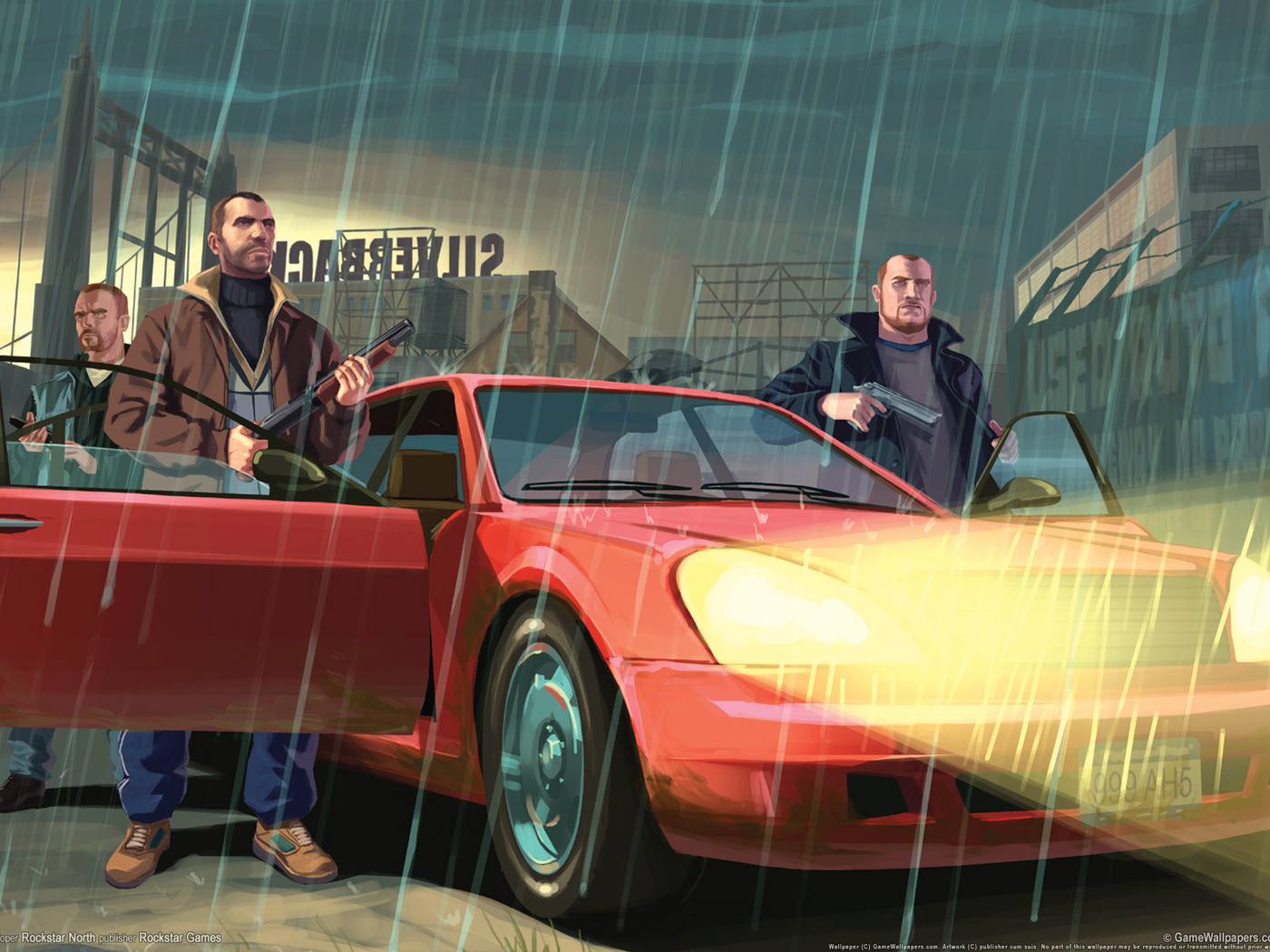 Картинки niko bellic, Gta iv, разборка, парни, авто, красная машина, дождь,  оружие, банда,стройка, фары, свет, рисунки, легковые авто, автомобили,  авто, транспорт, машины, аниме, автотранспорт - обои 1400x1050