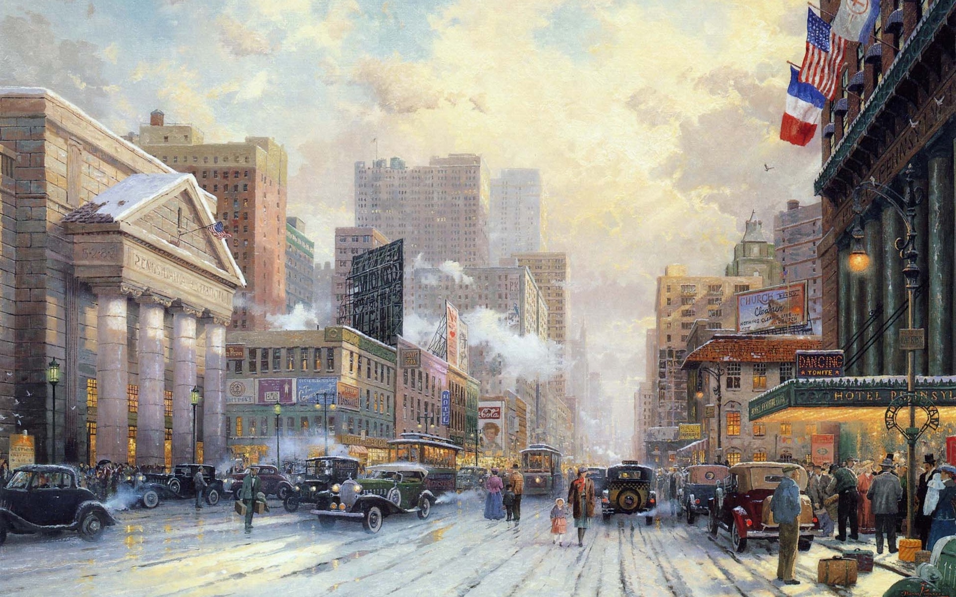 art, new york, 1932, snow, Thomas kinkade, street, city, winter, snow on seventh avenue, painting