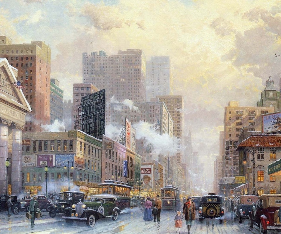 art, new york, 1932, snow, Thomas kinkade, street, city, winter, snow on seventh avenue, painting
