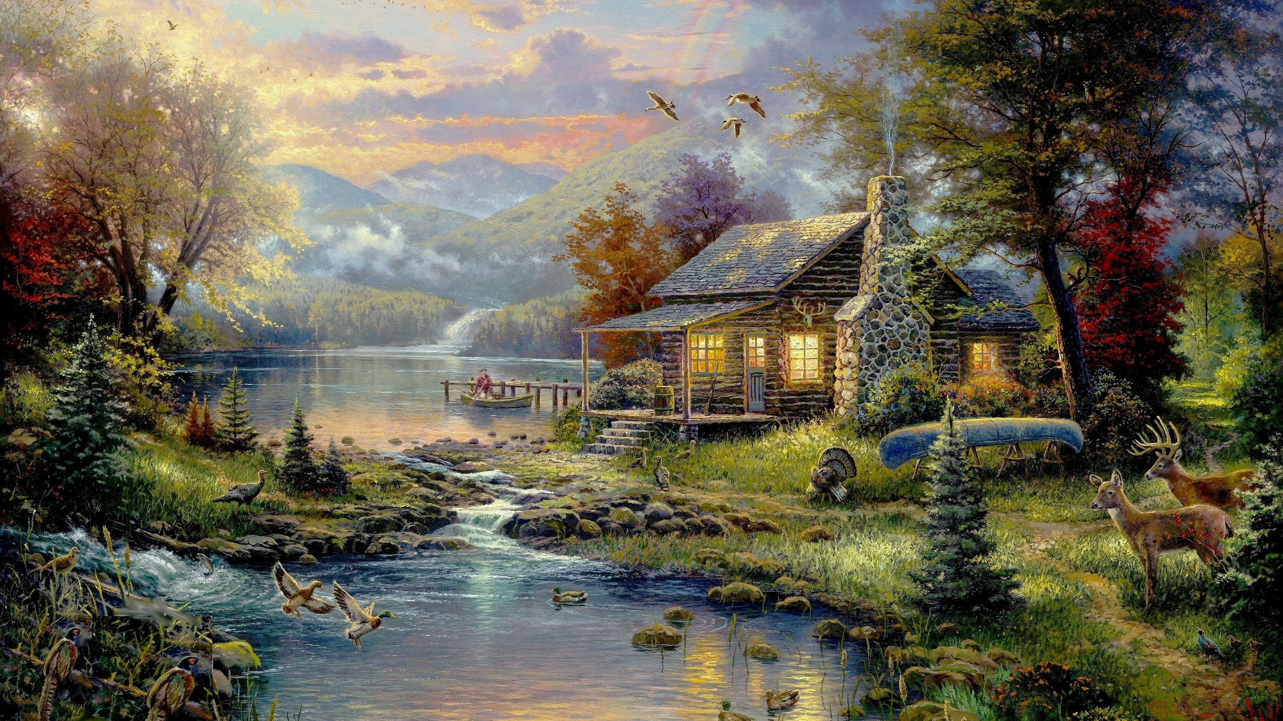 forest, natures paradise, house, painting, art, thomas kinkade, river, nature, 