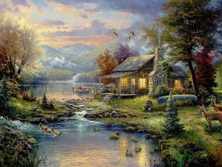 forest, natures paradise, house, painting, art, thomas kinkade, river, nature, 