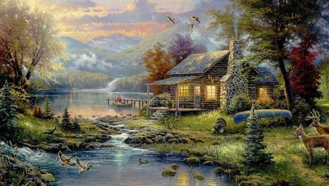 forest, natures paradise, house, painting, art, thomas kinkade, river, nature, 