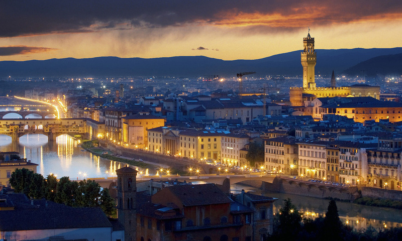 италия, флоренция, мост, город, ночь, огни, здания