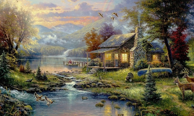 forest, natures paradise, house, painting, art, thomas kinkade, river, nature, 